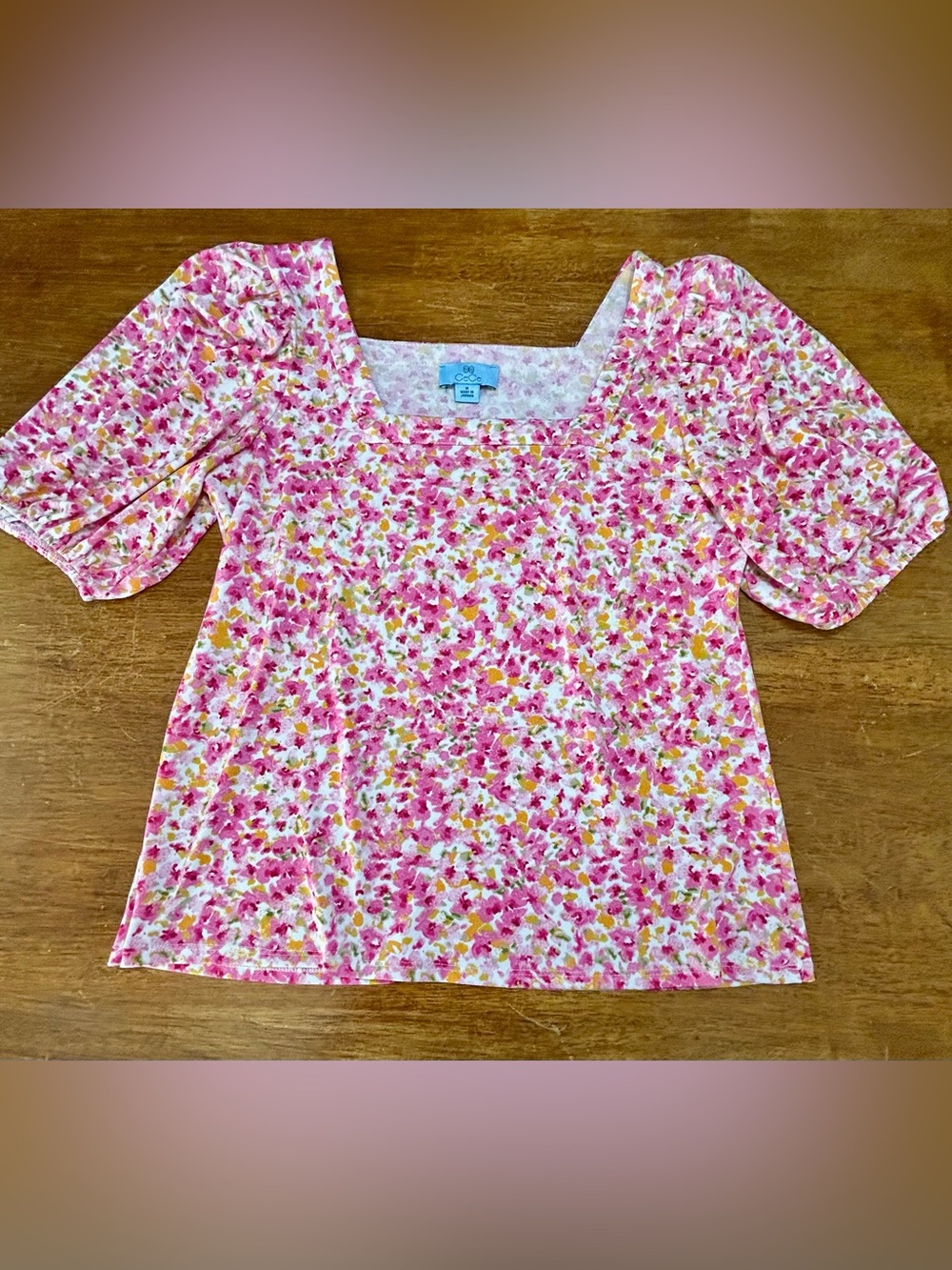 CeCe Pink & Yellow Floral Square-Neck Puff Sleeve Top